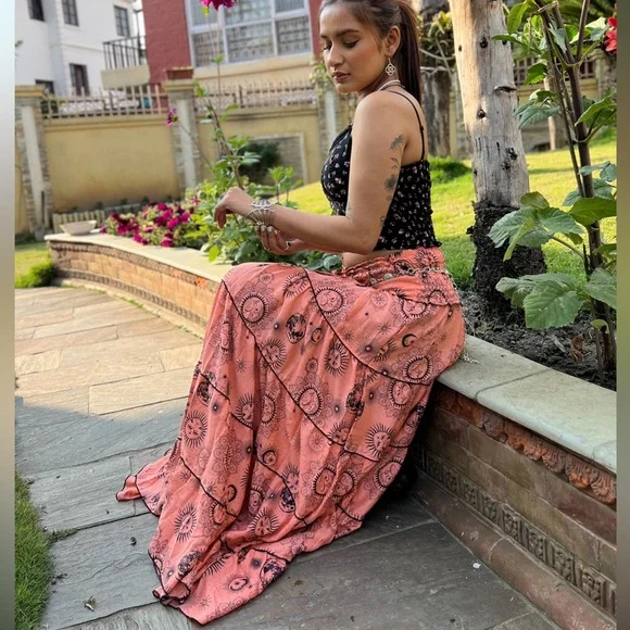 Celestial Sun Moon Print Flowy Tiered Bohemian Skirt - Picture 4 of 7